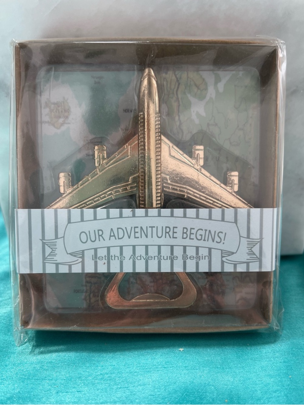 Gold Airplane Bottle Opener with Map Box - Travel Theme